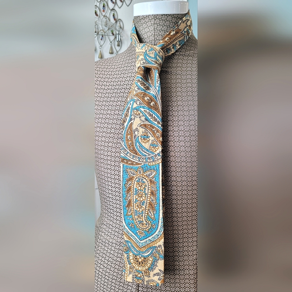 Vintage 70's Square Bottom Tie Men's OS 100% Cotton Retro Pasiley Blue & Brown